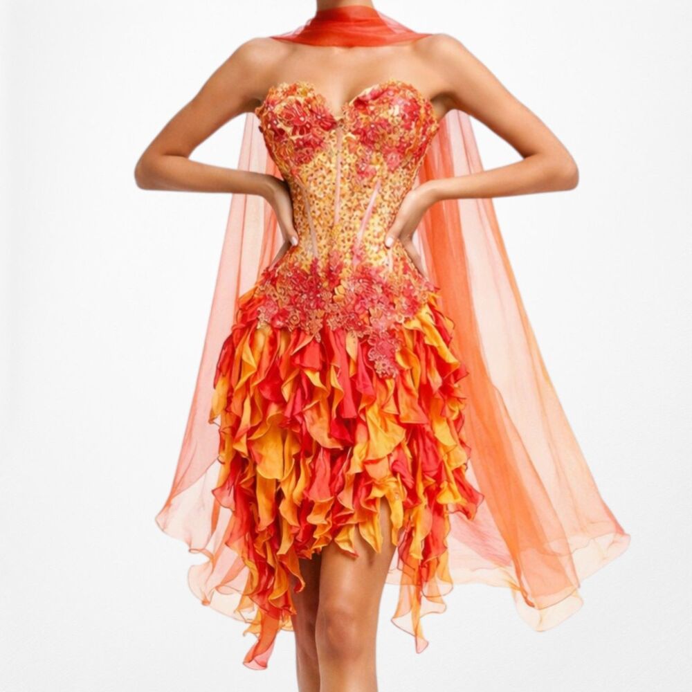 Vintage Y2K Orange Yellow Silk Floral Sequin Beaded Ruffle Prom Dress Size XS/S